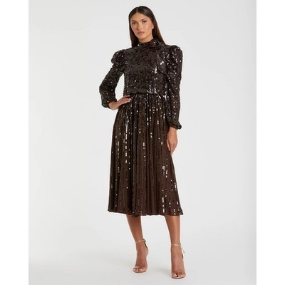 Mac Duggal 93642 Brown Sequin Long Sleeve Bow Neck Tea Length Dress 18 MSRP $598