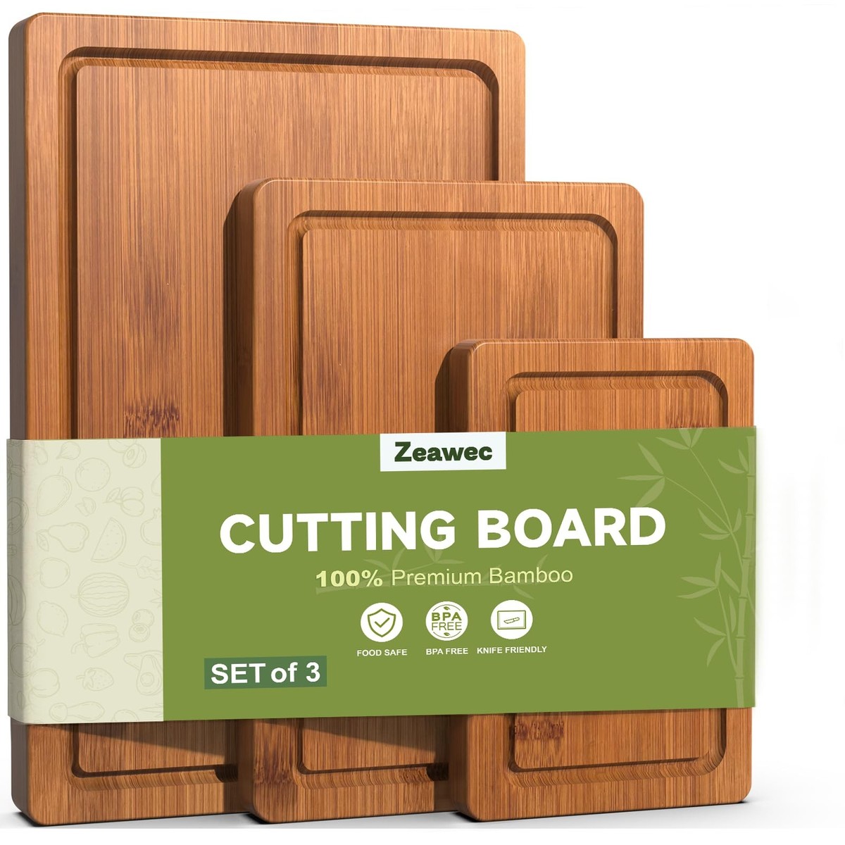 Zeawec 3-Piece Set Bamboo Cutting Board for Kitchen - 3-Piece