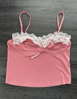 Women s Pink Ribbed Lace Trim Cami Crop Top Size Small Coquette Y2K Cottagecore