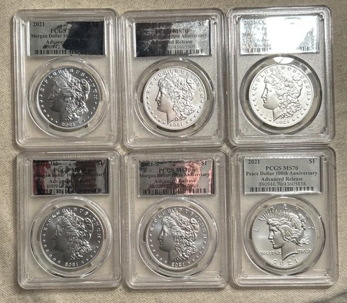 2021 Morgan & Peace Silver Dollar 6 Coin Set 100th Anniversary PCGS MS 70 DC