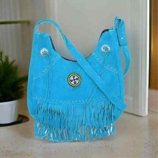 Women Stylish Blue Native Western Crossbody Suede Leather Handbag Fringe Beaded