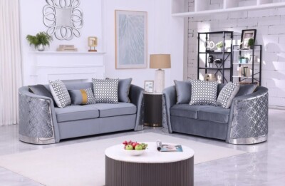 NEW 2PC Gray Silver Sofa Loveseat Luxe Contemporary Glam Velvet Living Room Set