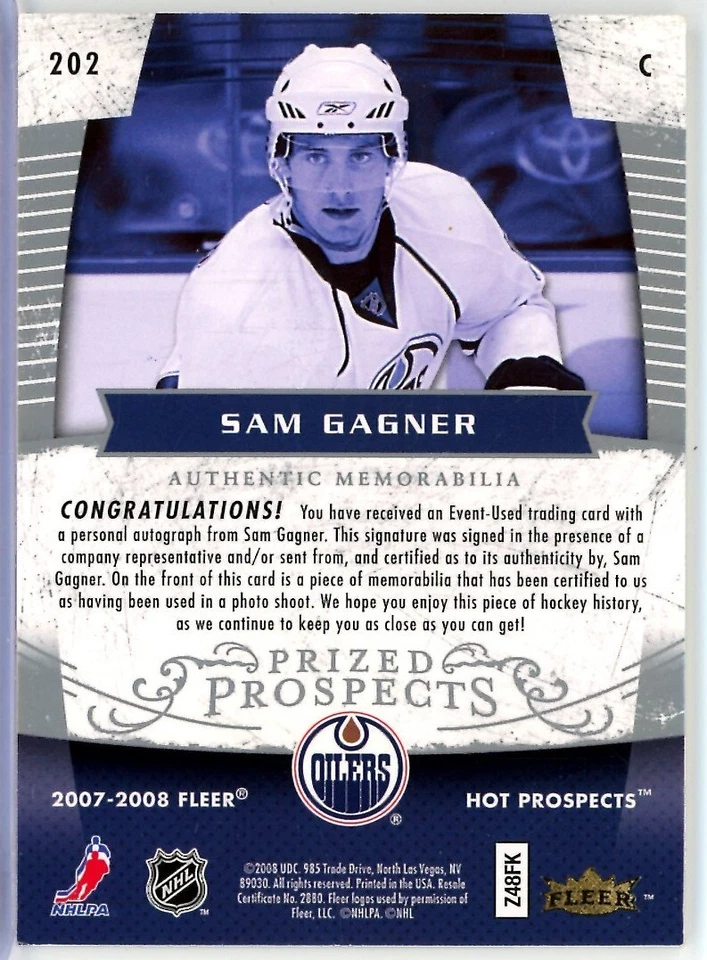 2007-08 Hot Prospects #202 Sam Gagner RC PATCH AUTO /399 - Edmonton Oilers - Image 2 of 2