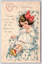 Valentine~Darling Girl In White Dress in Flowered Arm Chair~Room For Two~Gibson 