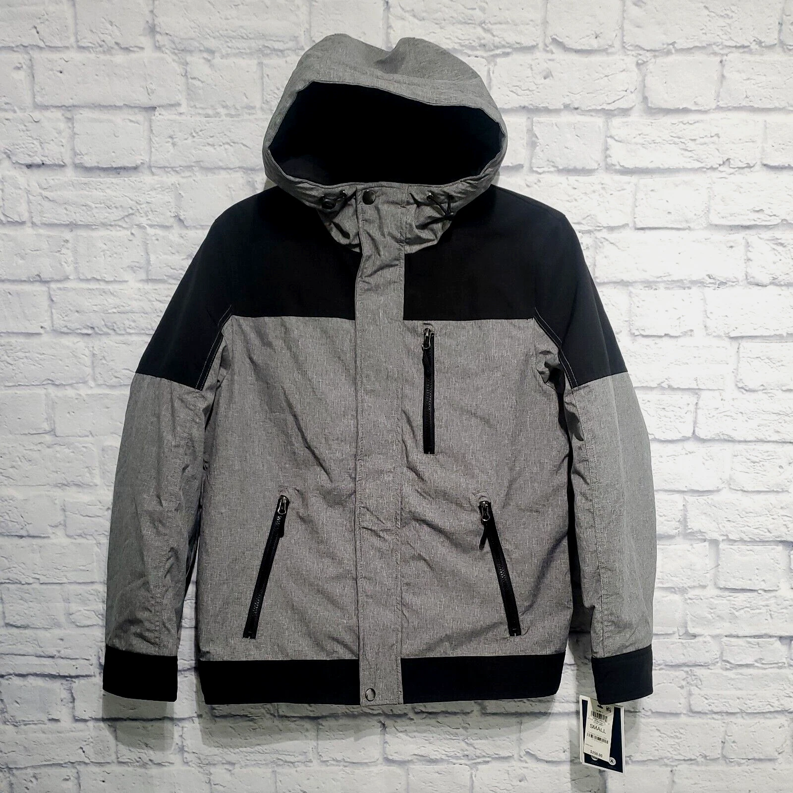 Club Room Coat Mens Small Hooded Gray Black Full Zip Pockets Outdoor New