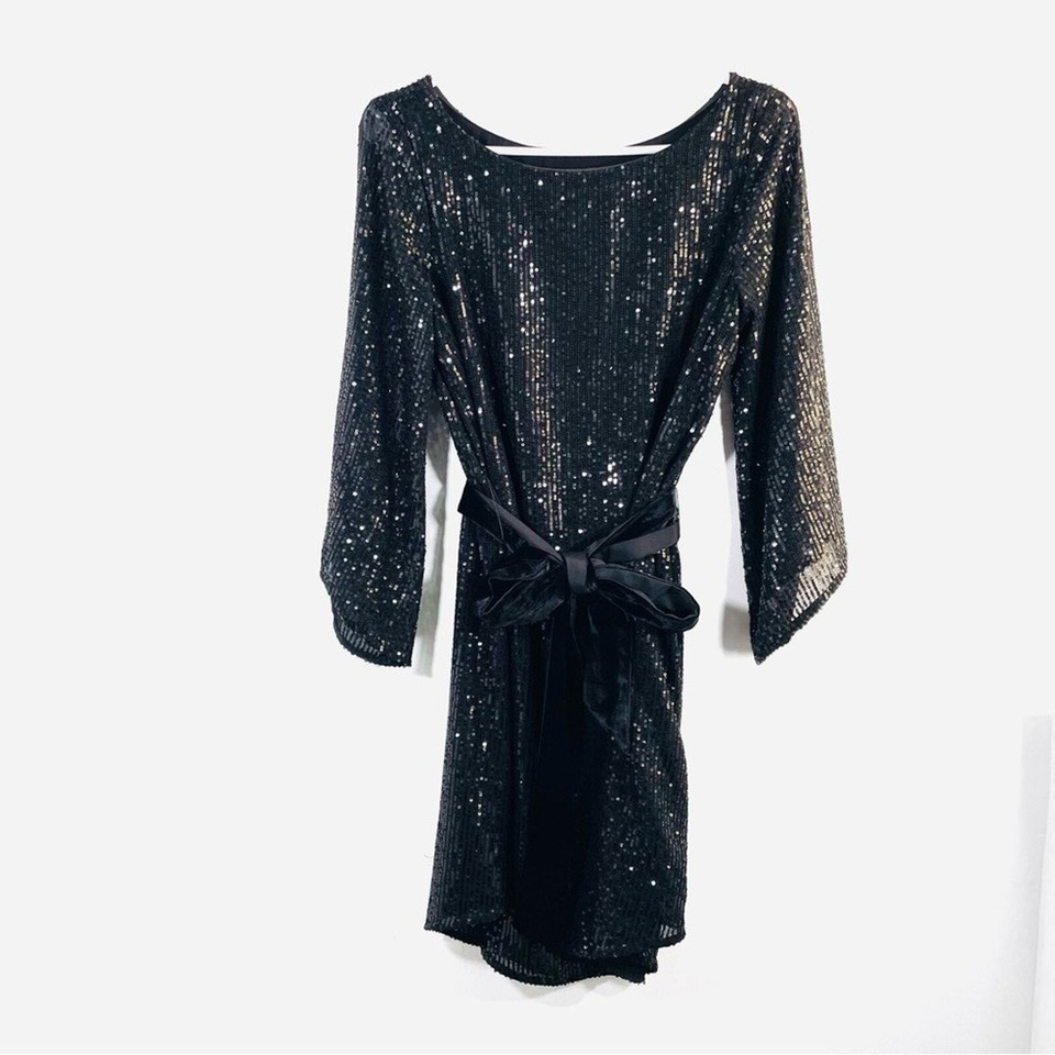 Anthropologie Starling Black Sequin Velvet Belted Tunic Mini Dress