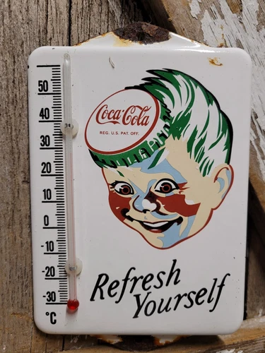 VINTAGE COCA COLA PORCELAIN SIGN BEVERAGE THERMOMETER SODA COKE BOTTLE CAP BOY