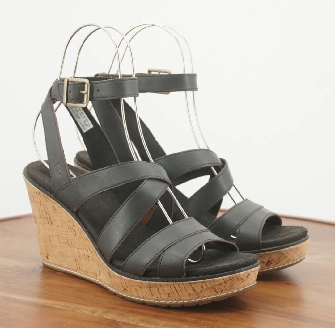 Sandali Timberland donna Danforth sughero zeppa tacco pelle marrone cinturino taglia 10