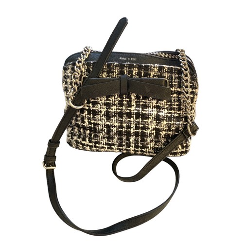 Anne Klein Handtasche Tweed & Leder schwarz Crossbody klein mit silbernen Details/Kette - Bild 1 von 7