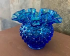 Fenton Colonial Blue Hobnail Glass Vase Double Crimped Rim Vintage 4"