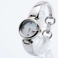 [N MINT] GUCCI Guccissima 134.5 Silver 3P Diamond White Shell Ladies Watch JAPAN