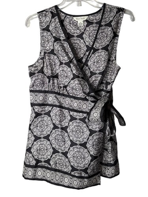 #ad White House Black Market Silk Wrap Top Blouse Size M Mandala Print Black White $11.20