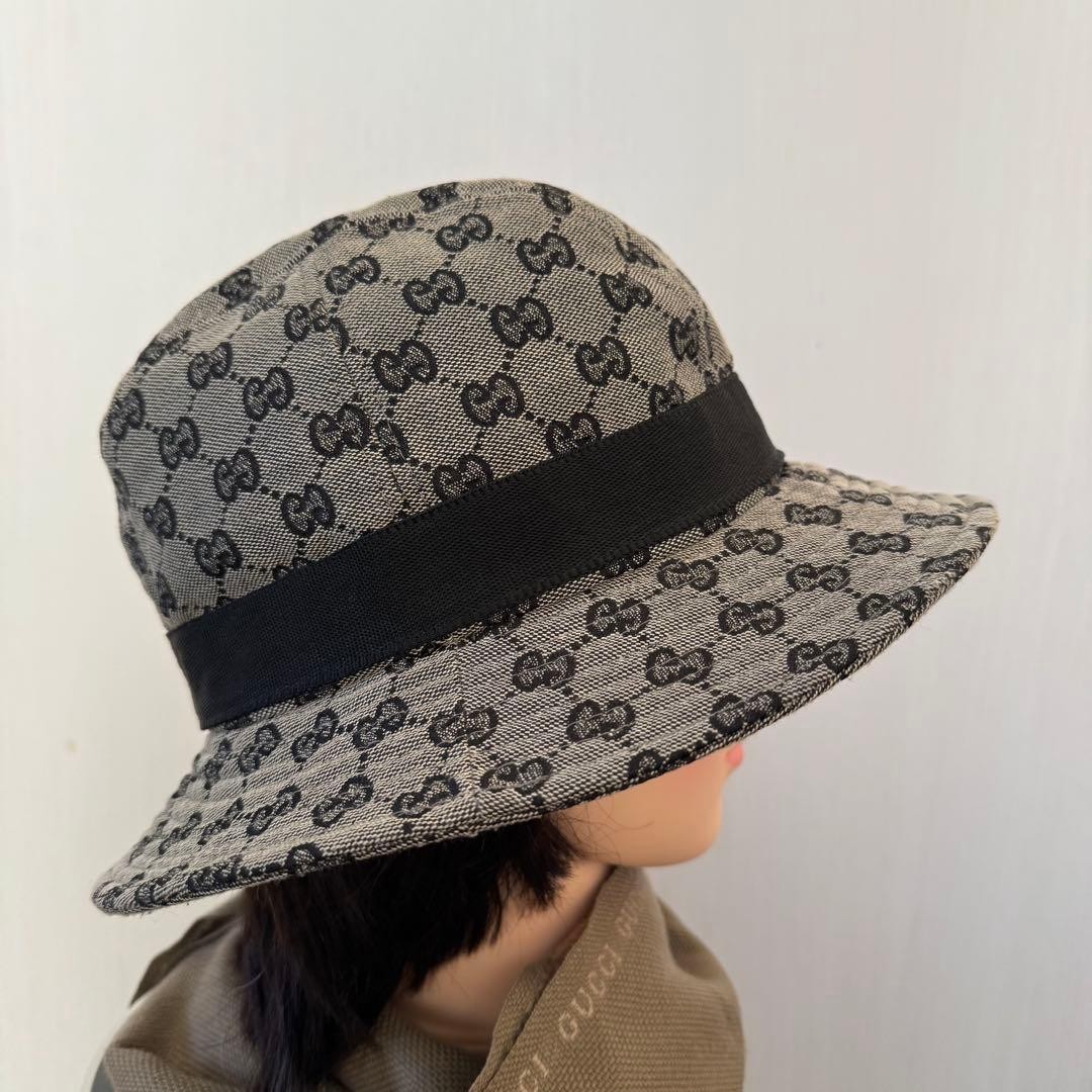 Gucci Fedora Bucket Hat GG Canvas Black Gray Women Authentic thumbnail 2