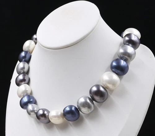 LARGE FASHION 19 MM SOUTH SEA WHITE GREY BLUE BAROQUE SHELL PEARL NECKLACE 18 " - Picture 1 of 9