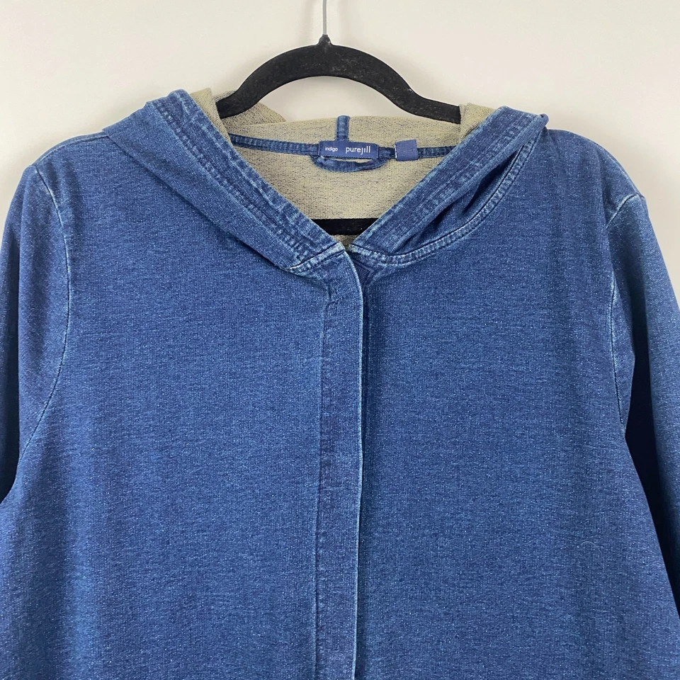 Jaqueta J. Jill Pure Indigo com Capuz Snap Front Tamanho Pequeno Grande Bolsos Azuis - Imagem 2 de 4