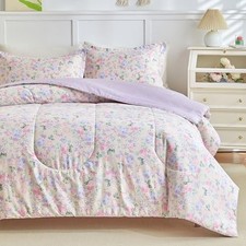 Joyreap 3pcs Floral Cotton Comforter Set for Girls, Pink Queen 88"x88" Violet