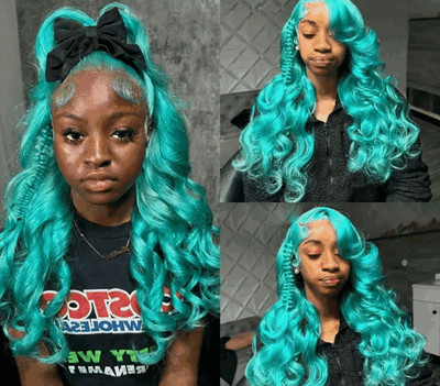 Cyan Blue Body Wave 13x6 Lace Front Wig Human Hair 613 Blonde Green Ombre WIg