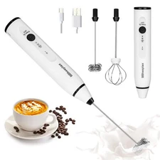Cofee Frother Handheld Foam Maker USB-Rechargeable Drink-Mixer 3 Speed (White),