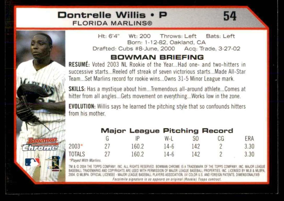 2004 Bowman Chrome Dontrelle Willis Florida Marlins #54 - Image 2 of 2