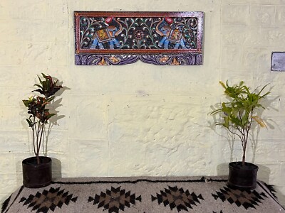 Wooden elephant panel traditional Indian carving wall hanging plaque home decor