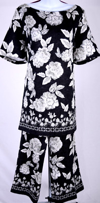 ST.JOHN Couture Women's Black White Gray Floral Print Tunic & Pants Sz 2
