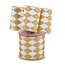 Gold White Diamonds Harlequin Ribbon - 4" x 10 Yards, Argyle, Fall, Christmas