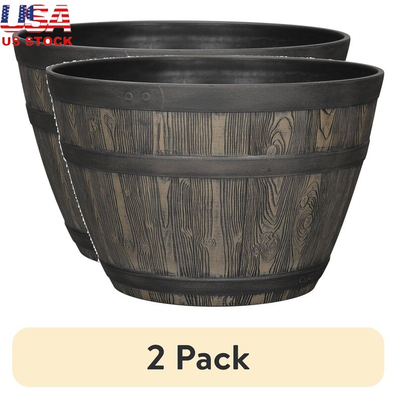 2 Pack Whiskey Barrel Planter UV Resistant Indoor Outdoor Drainage Holes Brown