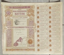 action 100 francs - Société MICRO-PHONOGRAPHES BETTINI 1904 signé Bettini - TB