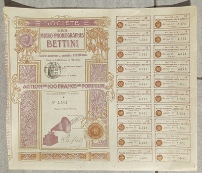 Aktie 100 Franken - Gesellschaft MIKROPHONOGRAPHEN BETTINI 1904 signiert Bettini - sehr guter Zustand