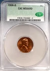 1958-D Lincoln Wheat Cent in CAC MS 66 RD Holder
