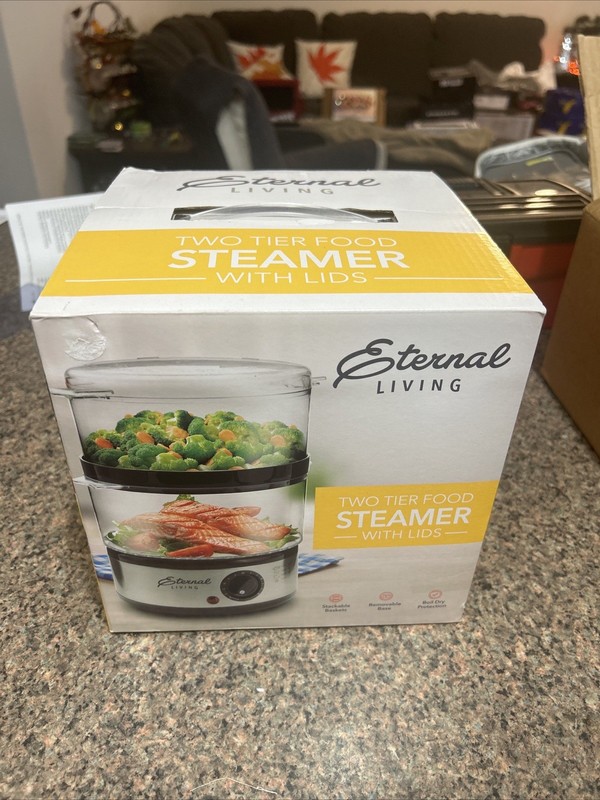 NEW Eternal Living Two Tier Food Steamer w/Lids stackable 8" x 8" 5 quart NIB