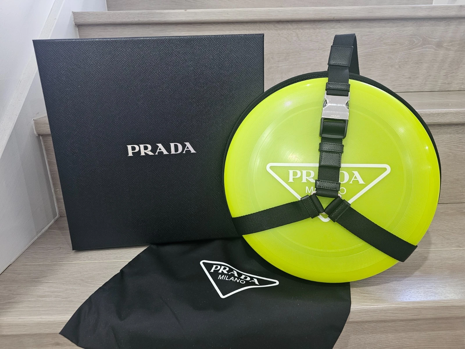 Prada — PRADA 2XD0122DYO neon yellow green frisbee w/ logo holder & strap RRP$1210