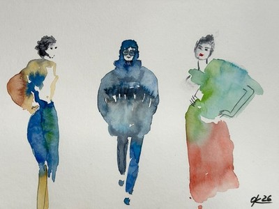 Fashion Illustration of 3 models Original sketch of a modern woman watercolor