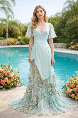 Blumarine Beaded Embroidered Aqua Gown   Made in Italy Sheer Floral Maxi Dress 8