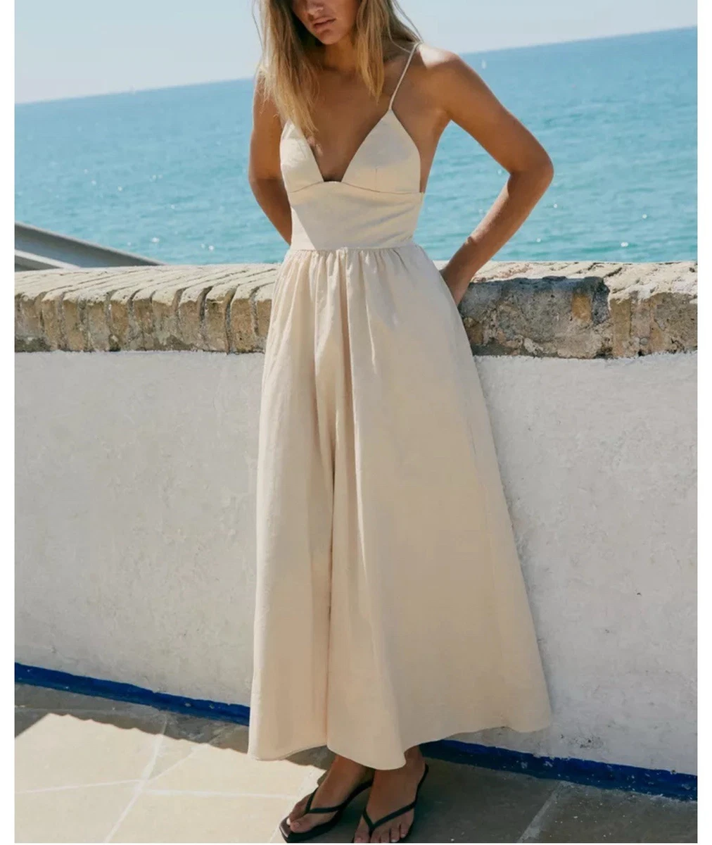 zara linen dress beige 3/4-Sleeve Beaded Blouson Gown – Elilhaam