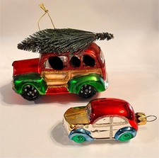 VTG Glass Car Ornaments  1 w/Christmas Tree on Top