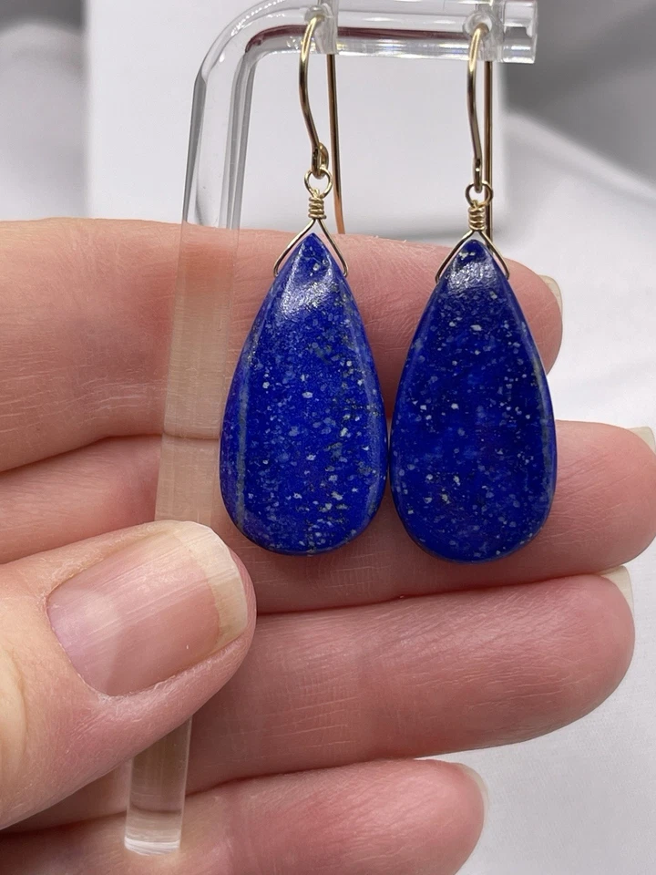 Серьги с голубым лазуритом натуральный бриолет — висячие капли — 14-каратное золото — ручная работа - Изображение 4 из 4