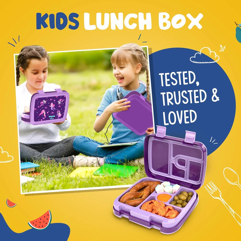 YOLAY Bento Box for Kids Lunch Leak-Proof, 5 Compartment, Mermaid