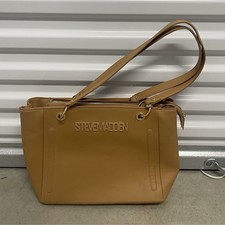 Steve Madden Tan Shoulder Bag Gold Hardware Logo Charm Zipper Accent