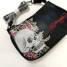 NWT Ed Hardy Rhinestone Skull Roses Shoulder Bag Black Tattoo Pouchette NWT
