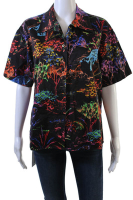 MSGM Women Collared Black Graphic Print Button-Up Cotton Short Sleeve Size 38