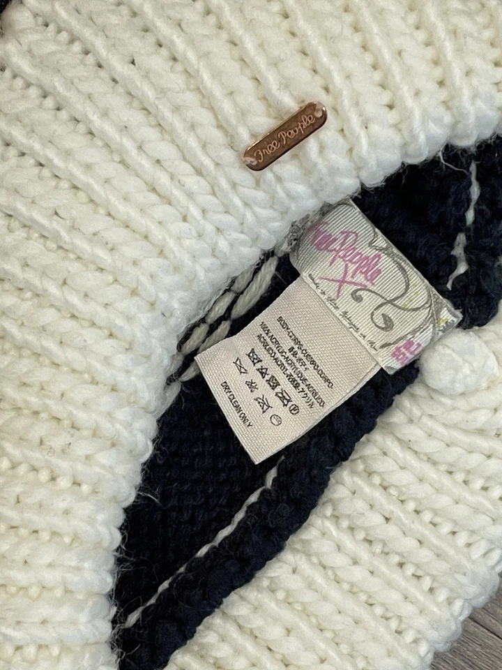 Free People Beanie Knit Fair Isle White, Blue, Orange Pom Pom Winter Hat - Image 4 of 4