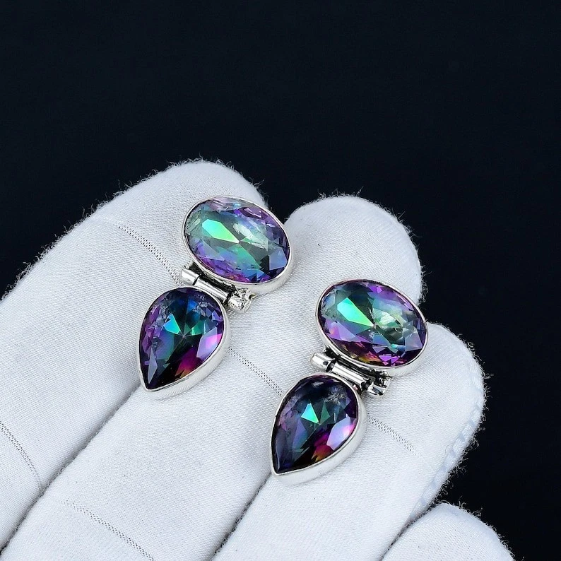 Mystic Topaz Gemstone Handmade 925 Sterling Silver Jewelry Earring Size-1.65'' - Image 3 of 4