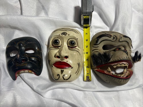 Vintage Hand Carved Wooden Masks Set of 3 Folk Art Decorative
