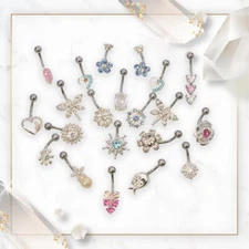 Pack of 10 Assorted 14GA Belly Button Rings Surgical Steel with Fancy Non-Dangle