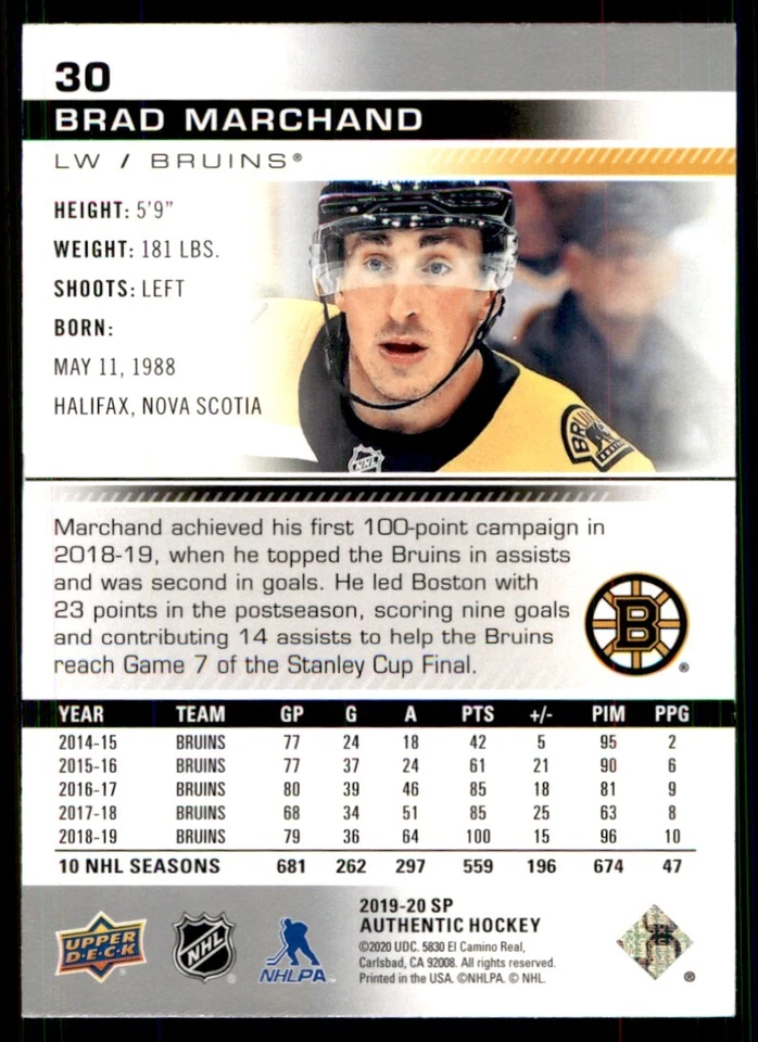 2019-20 SP Authentic Brad Marchand Boston Bruins #30 - Image 2 of 2