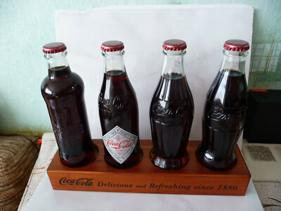 4x Coca Cola bottles wooden stand collection display Limited