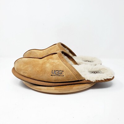 UGG Scuff Slippers Mens 10 Brown Leather Slip On Shoes Shearling Lined Mule 