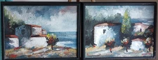 Vintage  paintings pair Italy Greece Mediterranean Cottages white  signed