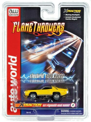 Auto World SC366 Rl 33 FlameThrowers HO Slot Car Yellow 71 Plymouth Road Runner